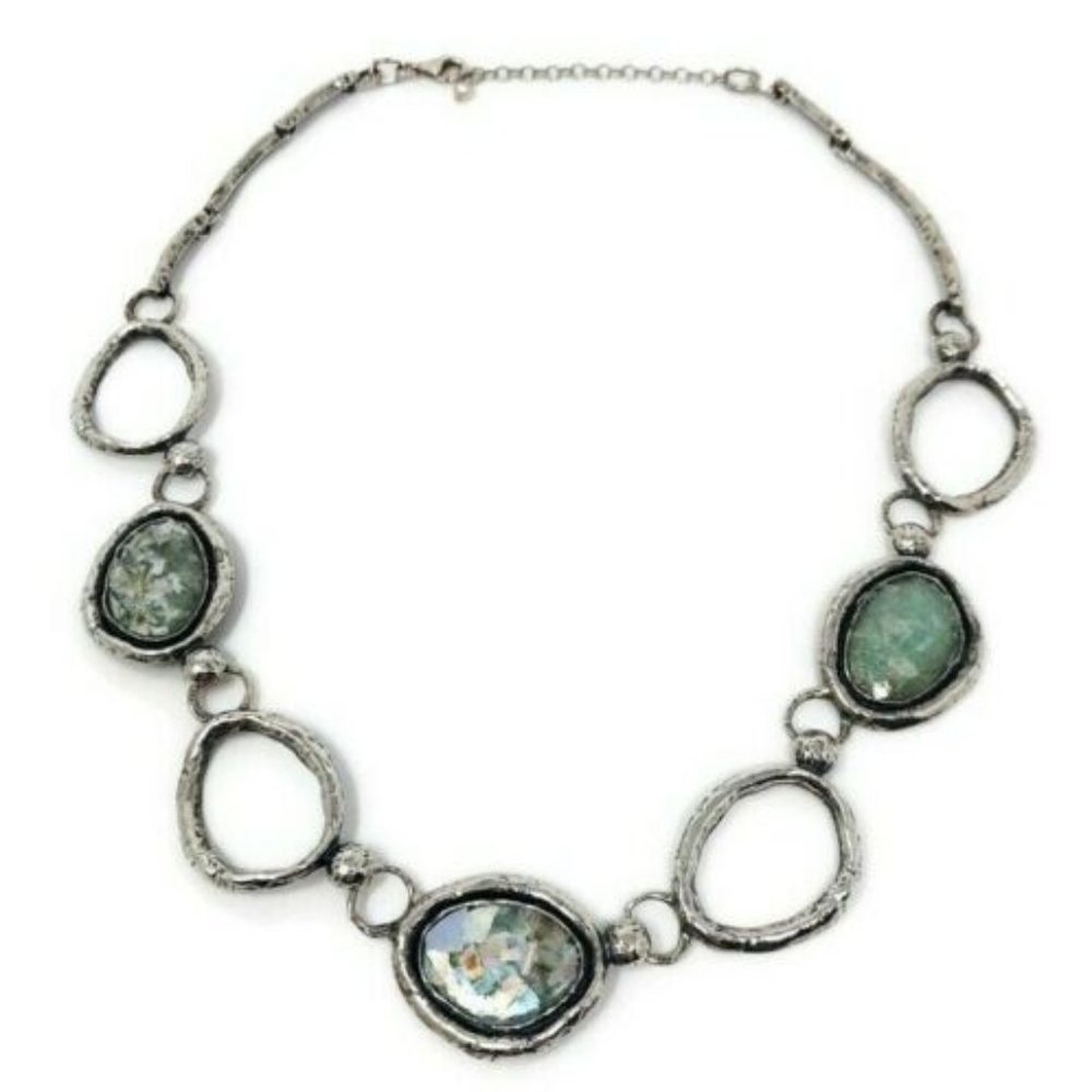 Or Paz Sterling Silver Roman Glass Station Necklace Artisan Handcrafted